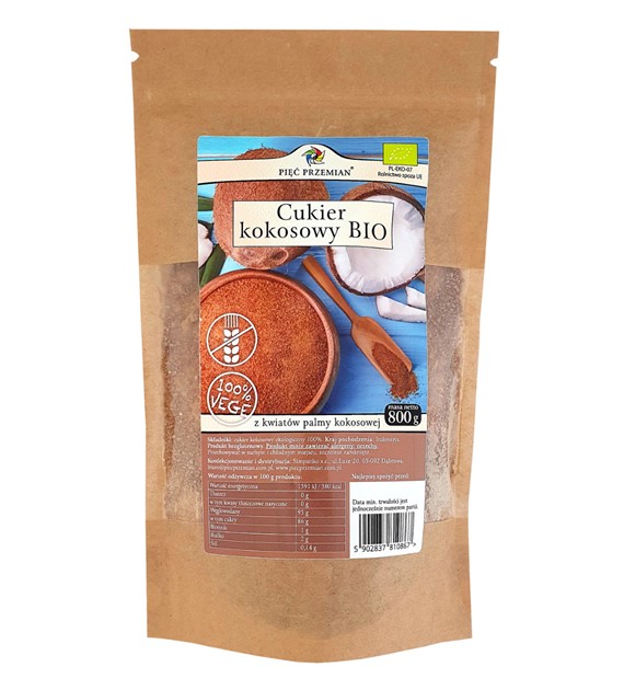 CUKIER KOKOSOWY BIO 800g-PIĘĆ PRZEMIAN