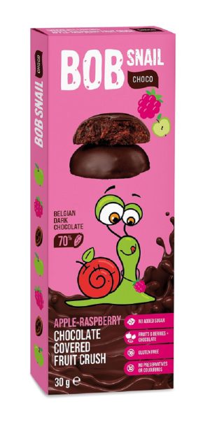 PRZEKĄSKA CHOCO JABŁKO - MALINA W CZEKOLADZIE CIEMNEJ BELGIJSKIEJ BEZ DODATKU CUKRÓW BEZGLUTENOWA 30 g - BOB SNAIL