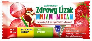 LIZAK O SMAKU TRUSKAWKOWYM Z WITAMINĄ D I C BEZ CUKRU BEZGLUTENOWY 6 g - MNIAM MNIAM STARPHARMA