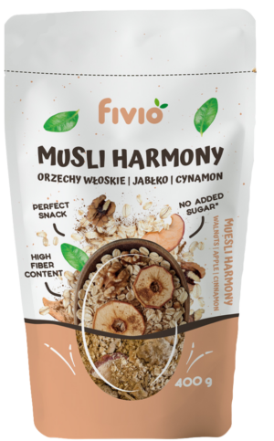 MUSLI HARMONY ORZECHY WŁOSKIE, JABŁKO, CYNAMON 400g- FIVIO